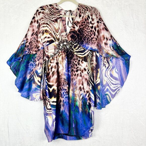 Vintage Alberto Makali Silk Mini Dress Size 6 Cape Jewel Embellished Y2K - Picture 1 of 7